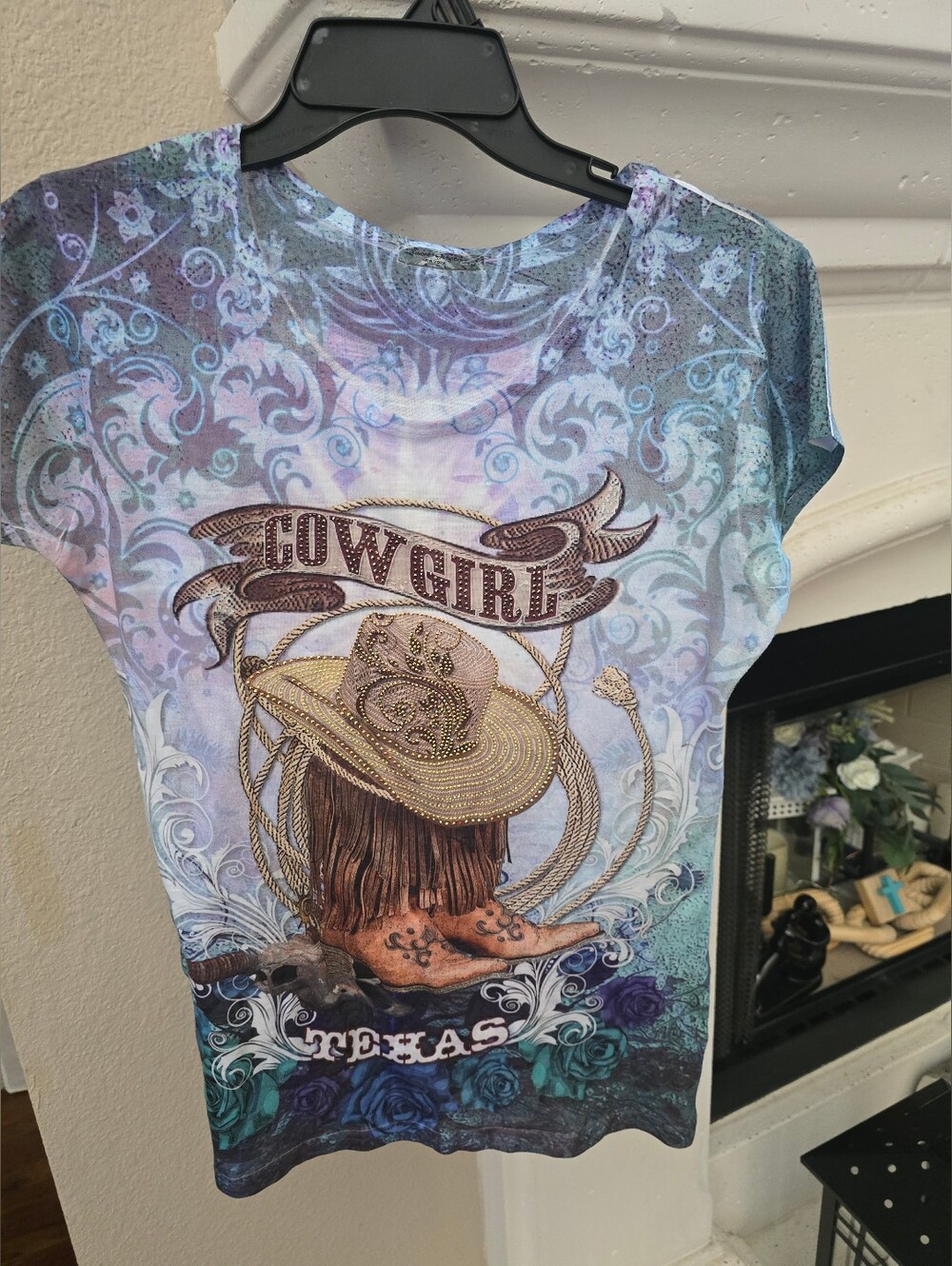 Sweet Gisele NY Cowgirl Texas Graphic Tee, Lavender & Teal Sz.M. Made  In Usa